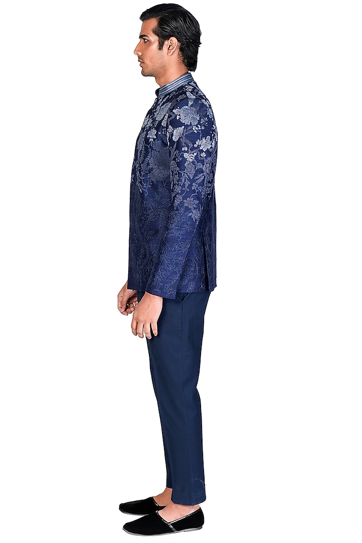 Navy Blue Wedding Bandhgala Set With Thread Work by Dev R Nil Men at Pernia's Pop Up Shop