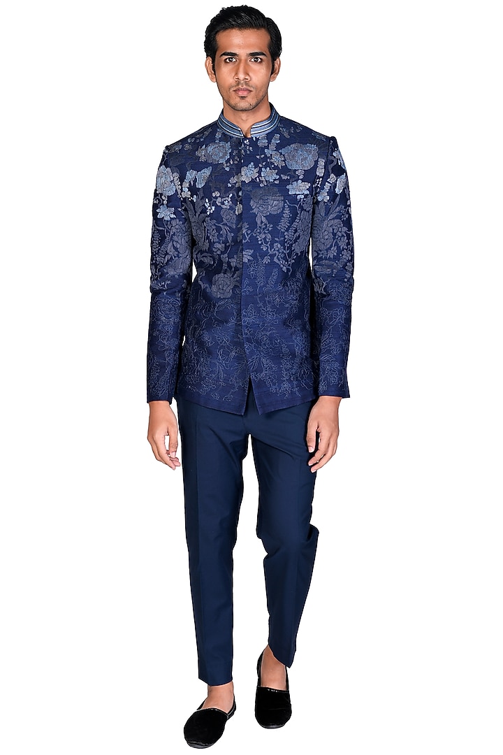 Navy Blue Wedding Bandhgala Set With Thread Work by Dev R Nil Men at Pernia's Pop Up Shop