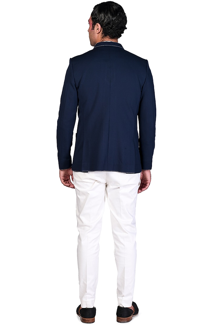 Navy Blue Lycra Wedding Bandhgala Set by Dev R Nil Men at Pernia's Pop Up Shop