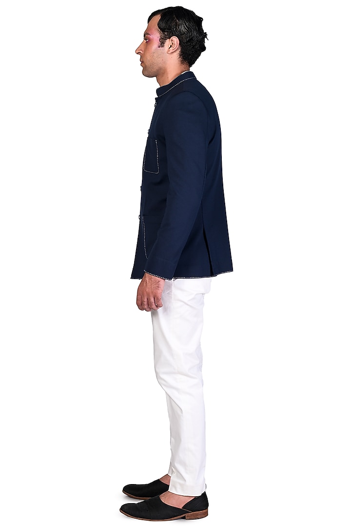 Navy Blue Lycra Wedding Bandhgala Set by Dev R Nil Men at Pernia's Pop Up Shop