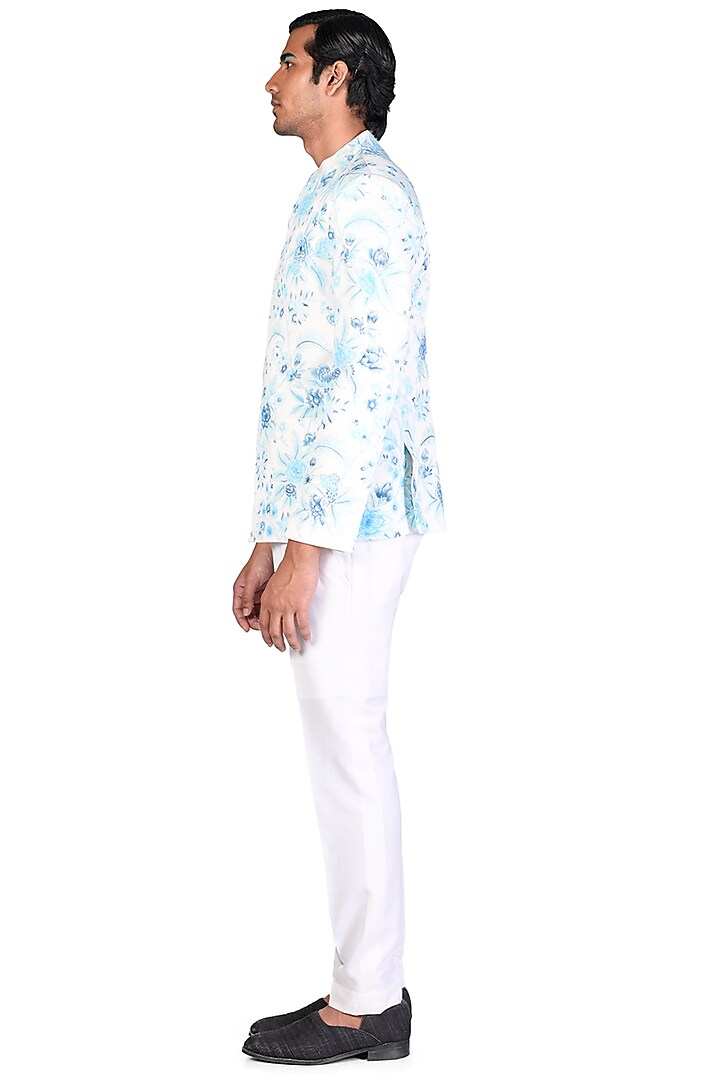 White Hand Painted Wedding Bandhgala Set by Dev R Nil Men at Pernia's Pop Up Shop