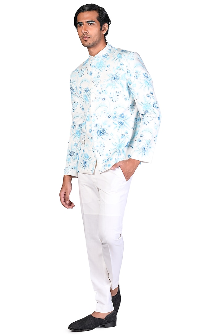 White Hand Painted Wedding Bandhgala Set by Dev R Nil Men at Pernia's Pop Up Shop