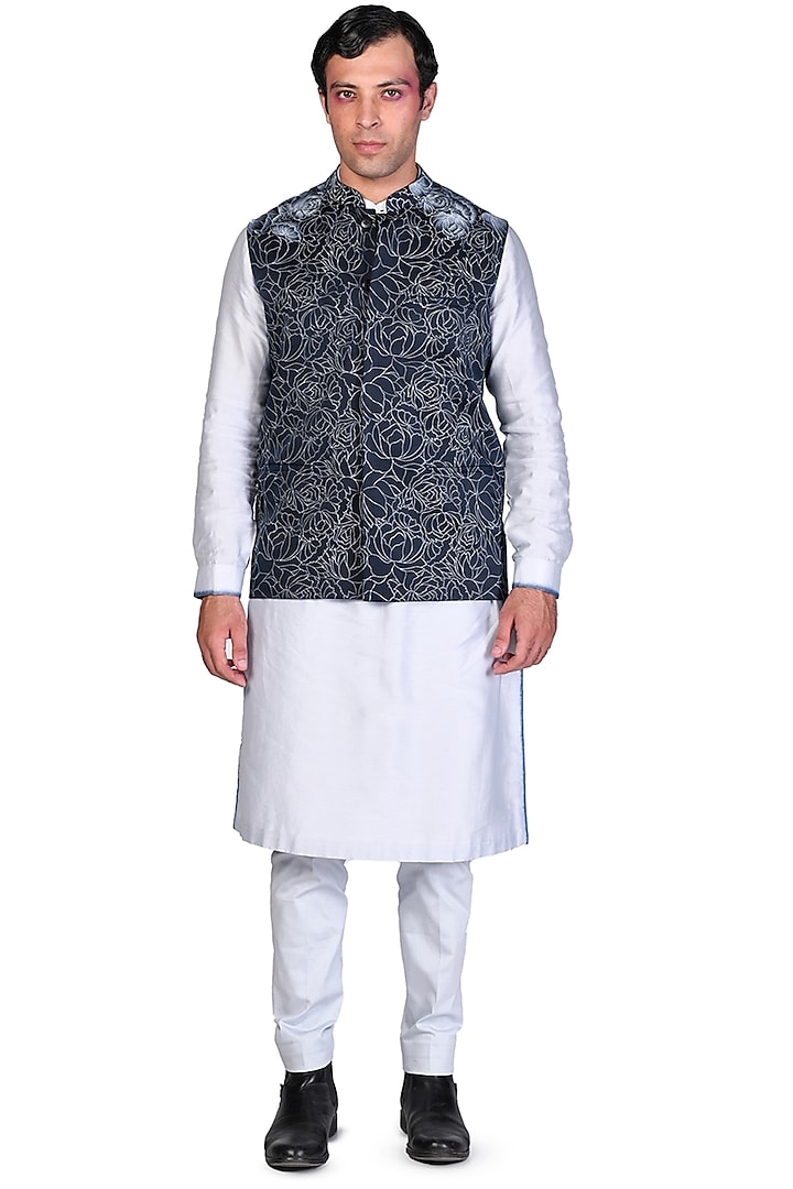 Grey Kurta Set With Hand Painted Bundi Jacket by Dev R Nil Men