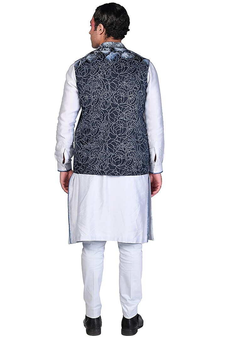 Midnight Blue Satin Handpainted Bundi Jacket Set by Dev R Nil Men at Pernia's Pop Up Shop