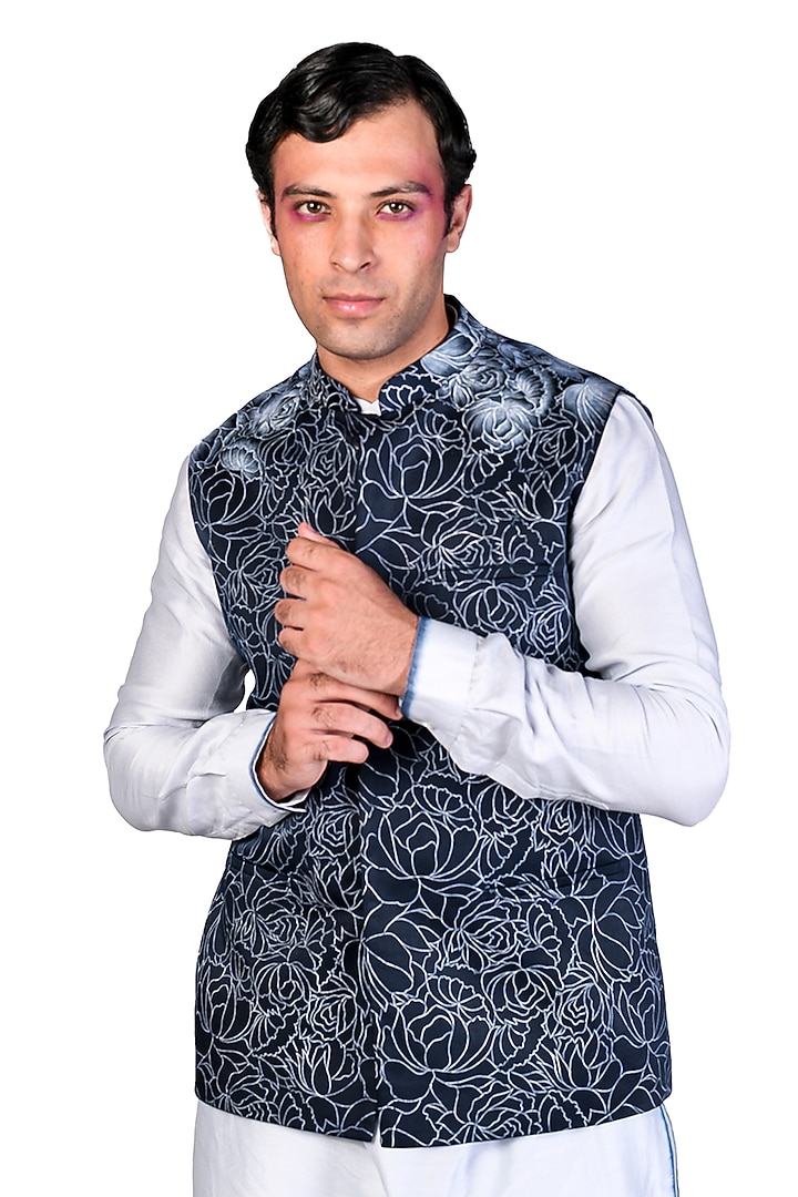 Midnight Blue Satin Handpainted Bundi Jacket Set by Dev R Nil Men at Pernia's Pop Up Shop