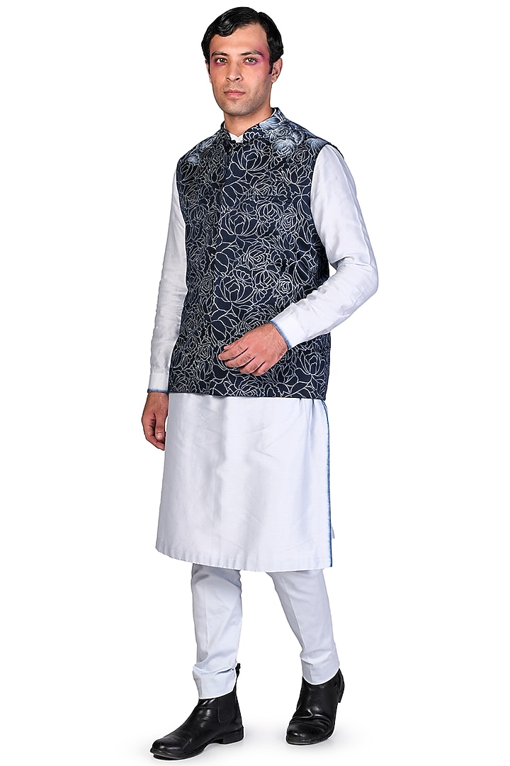 Midnight Blue Satin Handpainted Bundi Jacket Set by Dev R Nil Men at Pernia's Pop Up Shop