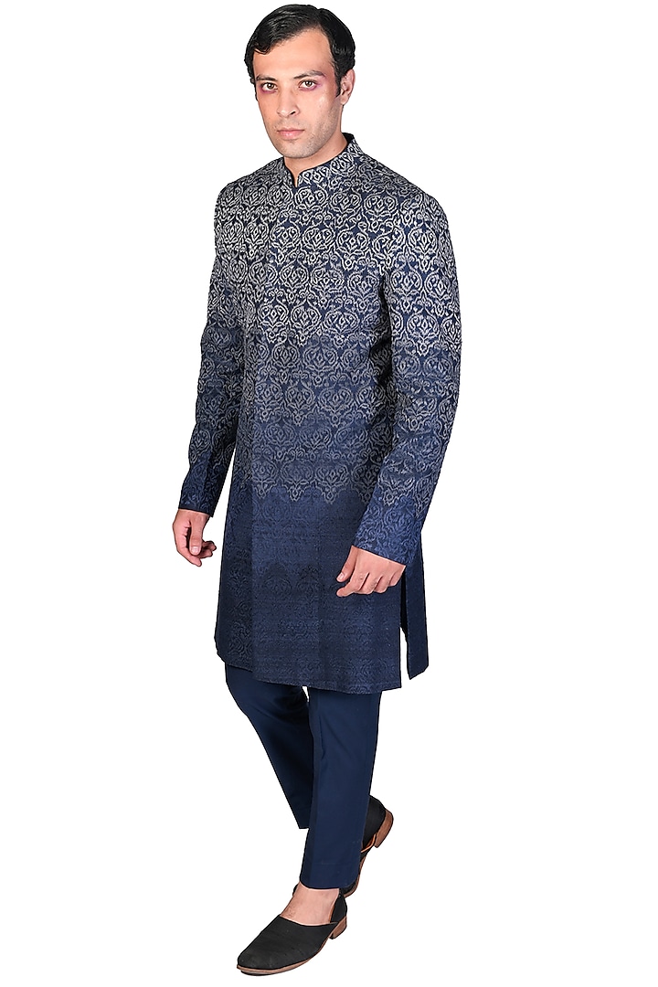 Navy Blue Embroidered Sherwani Set by Dev R Nil Men