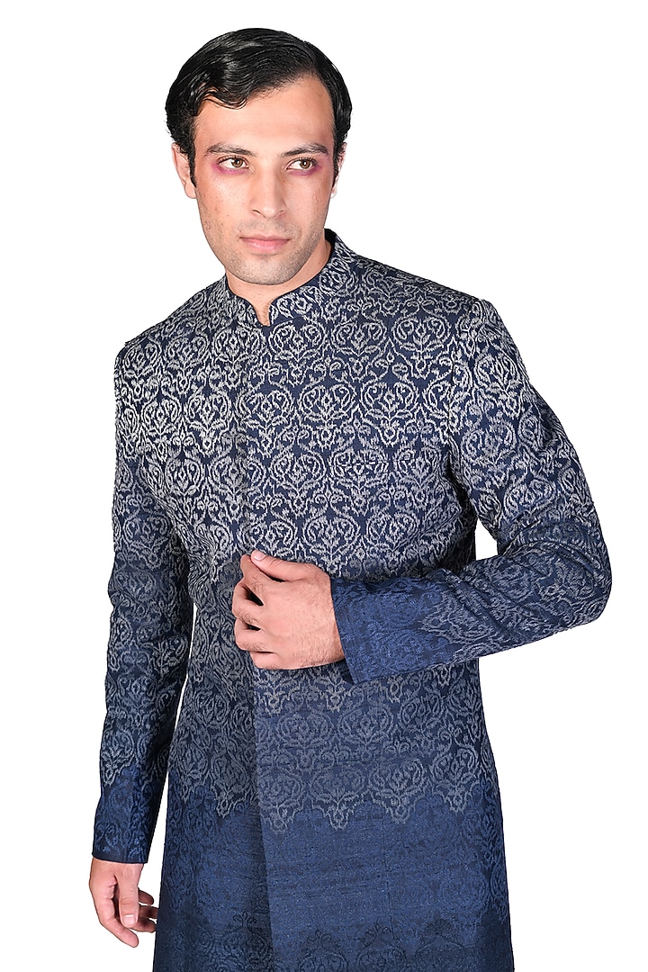 Navy Blue Embroidered Groom Sherwani Set by Dev R Nil Men at Pernia's Pop Up Shop