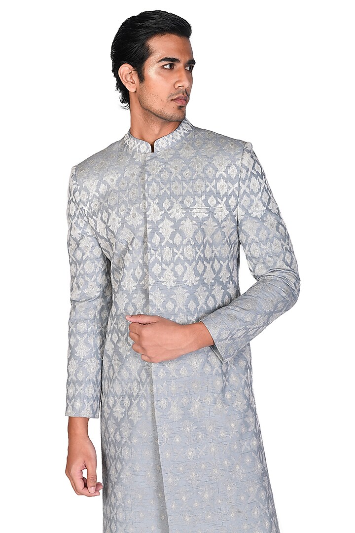 Grey Embroidered Groom Sherwani Set by Dev R Nil Men at Pernia's Pop Up Shop