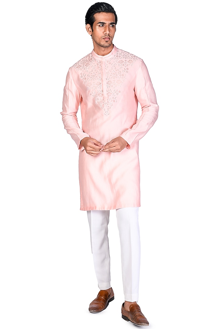 Pink Embroidered Kurta Set by Dev R Nil Men