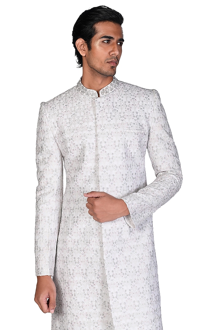 White Embroidered Groom Sherwani by Dev R Nil Men at Pernia's Pop Up Shop