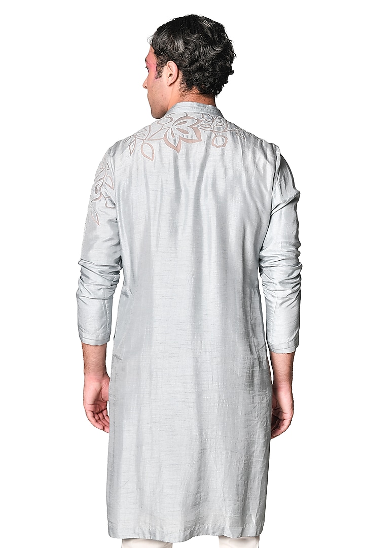 Grey Silk Applique Cutwork Asymmetrical Kurta Set by Dev R Nil Men at Pernia's Pop Up Shop
