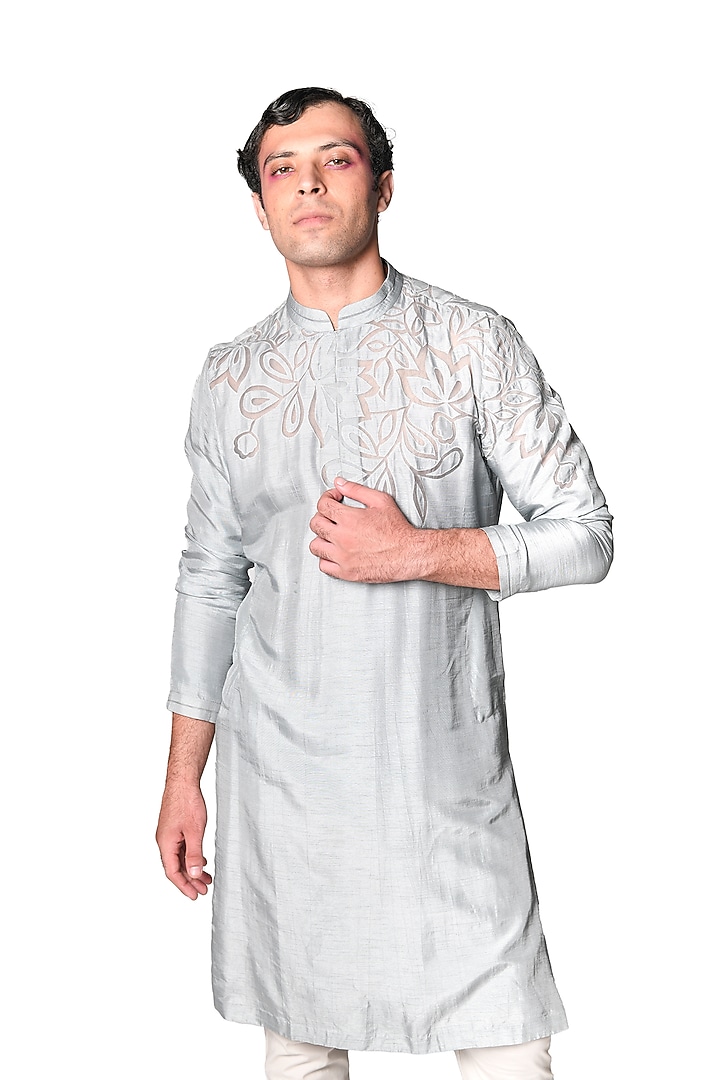 Grey Silk Applique Cutwork Asymmetrical Kurta Set by Dev R Nil Men at Pernia's Pop Up Shop