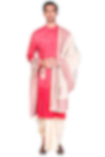 Red Embroidered Angrakha Kurta Set by Dev R Nil Men