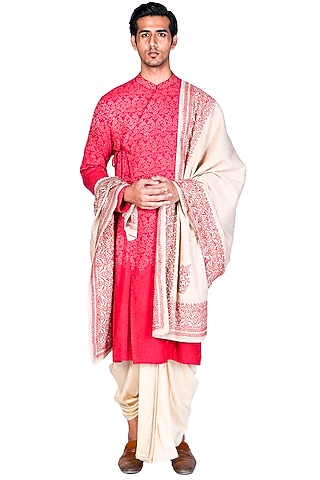 Red Embroidered Angrakha Kurta Set by Dev R Nil Men