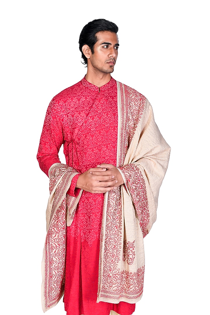 Red Embroidered Angrakha Kurta Set by Dev R Nil Men at Pernia's Pop Up Shop