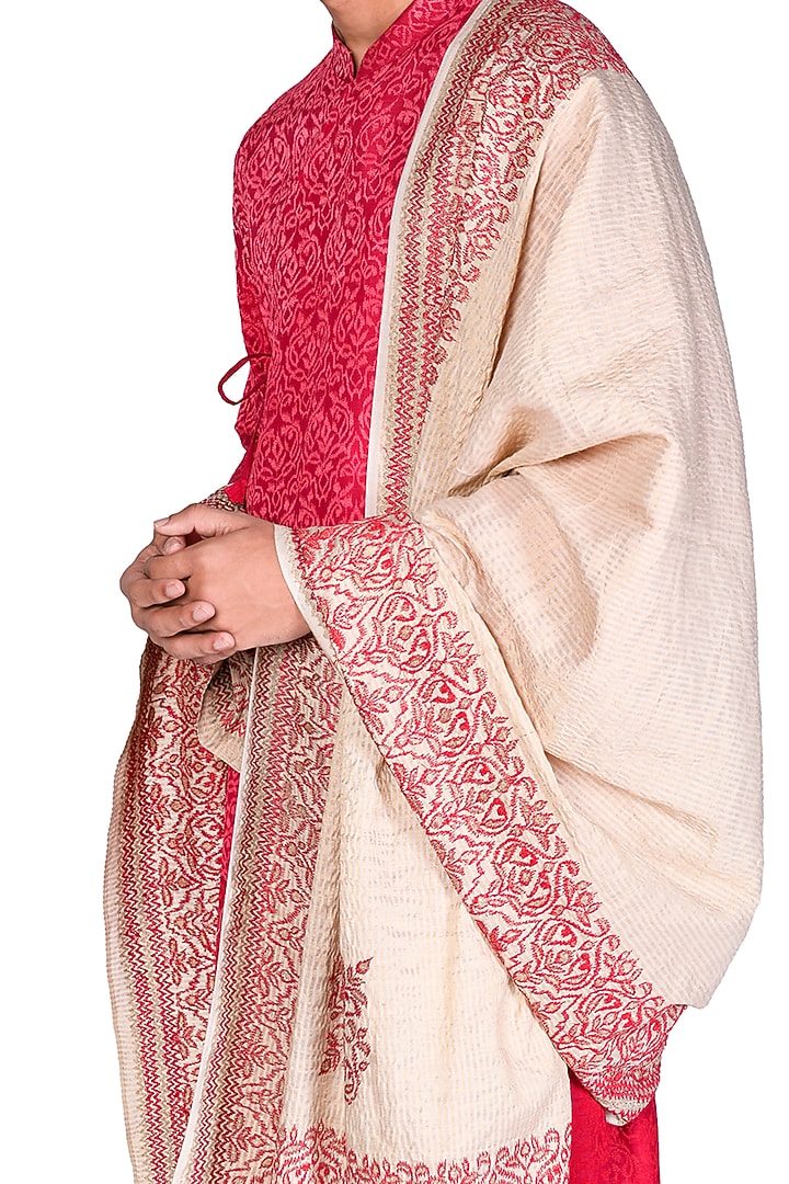 Red Embroidered Angrakha Kurta Set by Dev R Nil Men at Pernia's Pop Up Shop