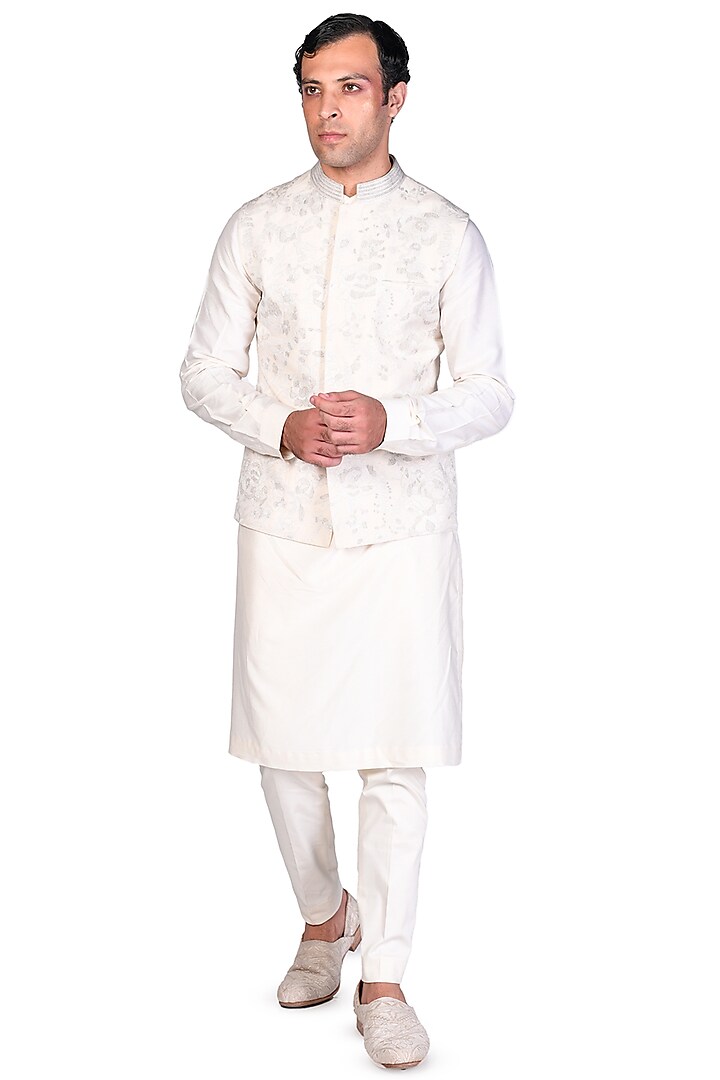 Off White Kurta Set With Embroidered Bundi Jacket by Dev R Nil Men