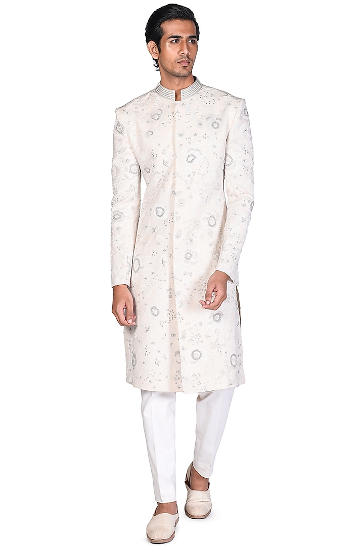 White Khadi Embroidered Sherwani by Dev R Nil Men