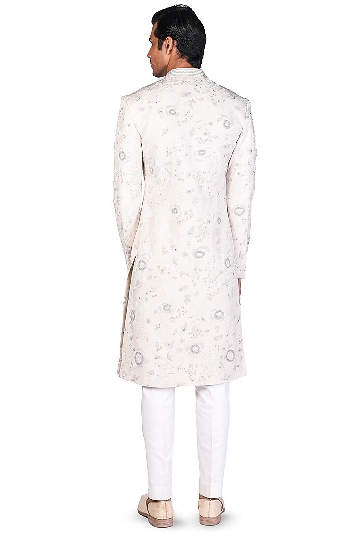 White Khadi Embroidered Groom Sherwani by Dev R Nil Men at Pernia's Pop Up Shop