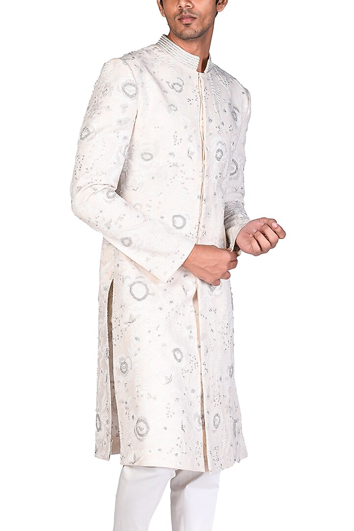 White Khadi Embroidered Groom Sherwani by Dev R Nil Men at Pernia's Pop Up Shop