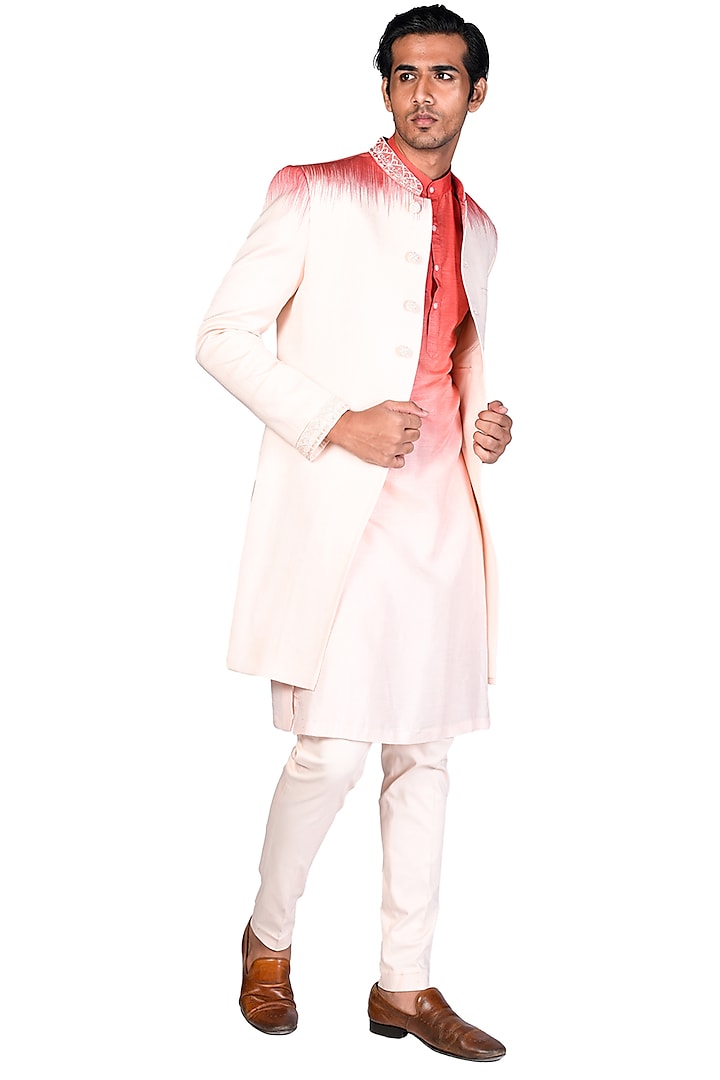 Coral & Peach Hand Embroidered Achkan Jacket Set by Dev R Nil Men
