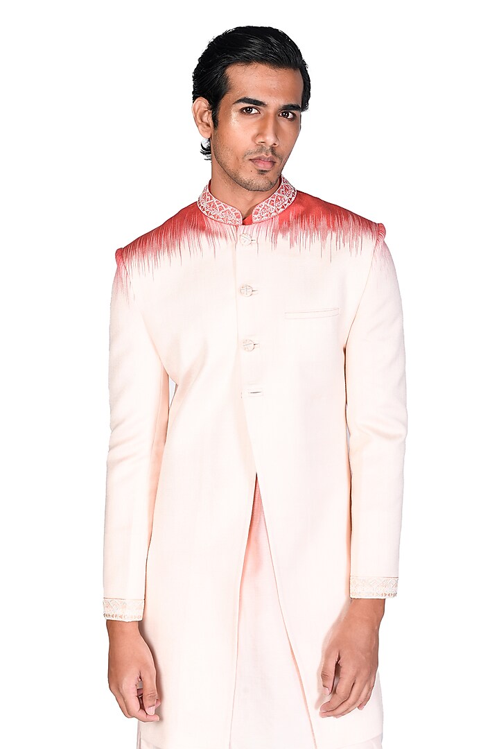 Coral & Peach Hand Embroidered Achkan Jacket Set by Dev R Nil Men at Pernia's Pop Up Shop