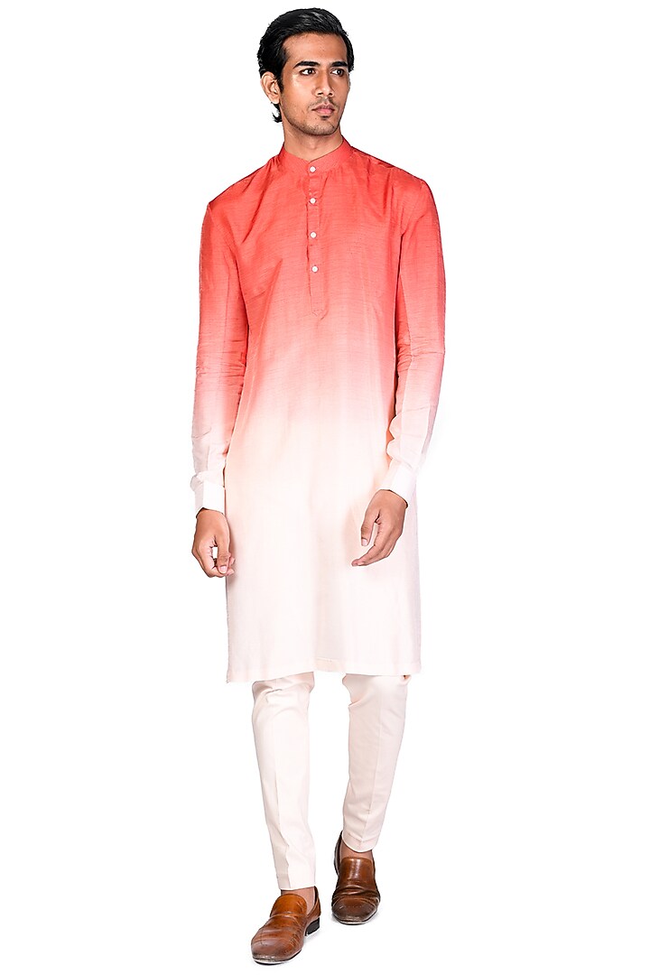 Coral & Peach Hand Embroidered Achkan Jacket Set by Dev R Nil Men at Pernia's Pop Up Shop