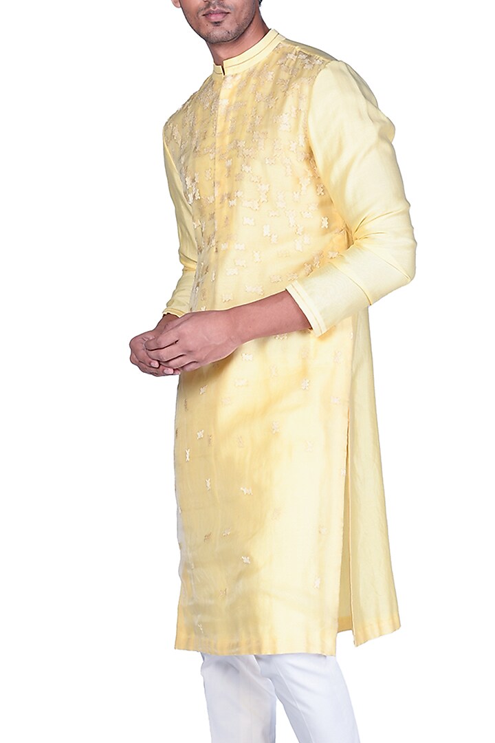 Yellow Chanderi Silk Thread Embroidered Kurta Set by Dev R Nil Men at Pernia's Pop Up Shop