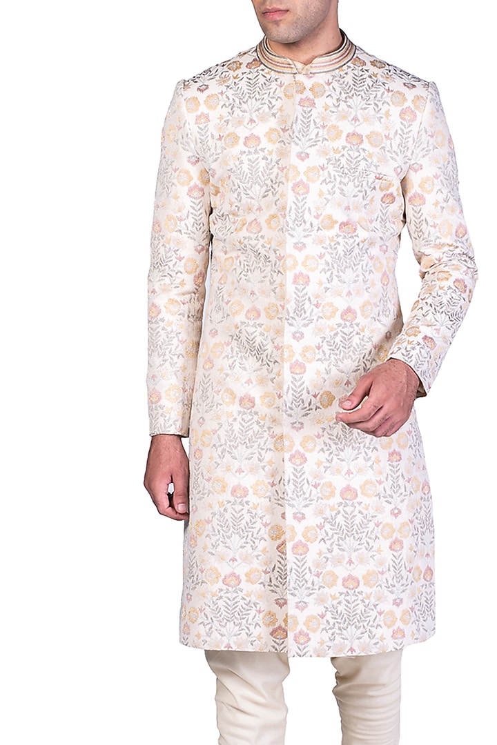 Off White Thread Embroidered Groom Sherwani by Dev R Nil Men at Pernia's Pop Up Shop