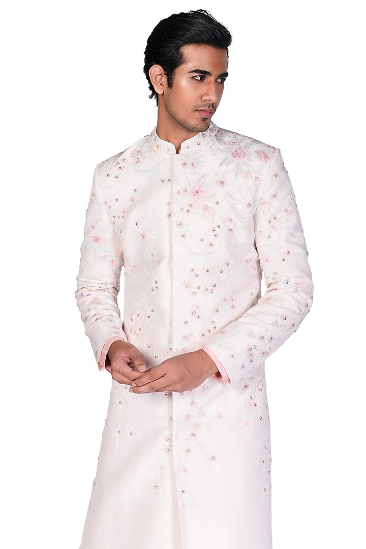 Off White Hand Embroidered Groom Sherwani Set by Dev R Nil Men at Pernia's Pop Up Shop