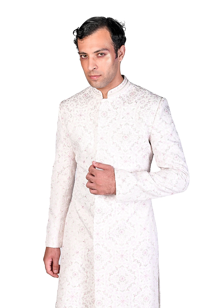 Off White Jaal Embroidered Groom Sherwani by Dev R Nil Men at Pernia's Pop Up Shop