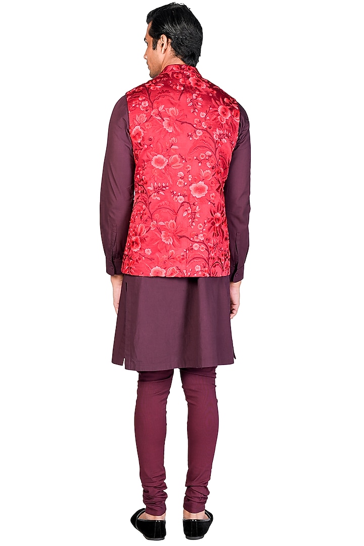 Red Silk & Organza Thread Embroidered Bundi Jacket Set by Dev R Nil Men at Pernia's Pop Up Shop