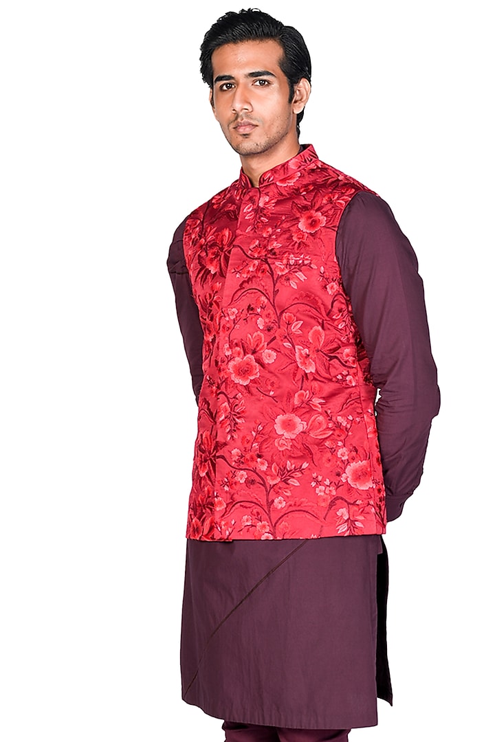 Red Silk & Organza Thread Embroidered Bundi Jacket Set by Dev R Nil Men at Pernia's Pop Up Shop