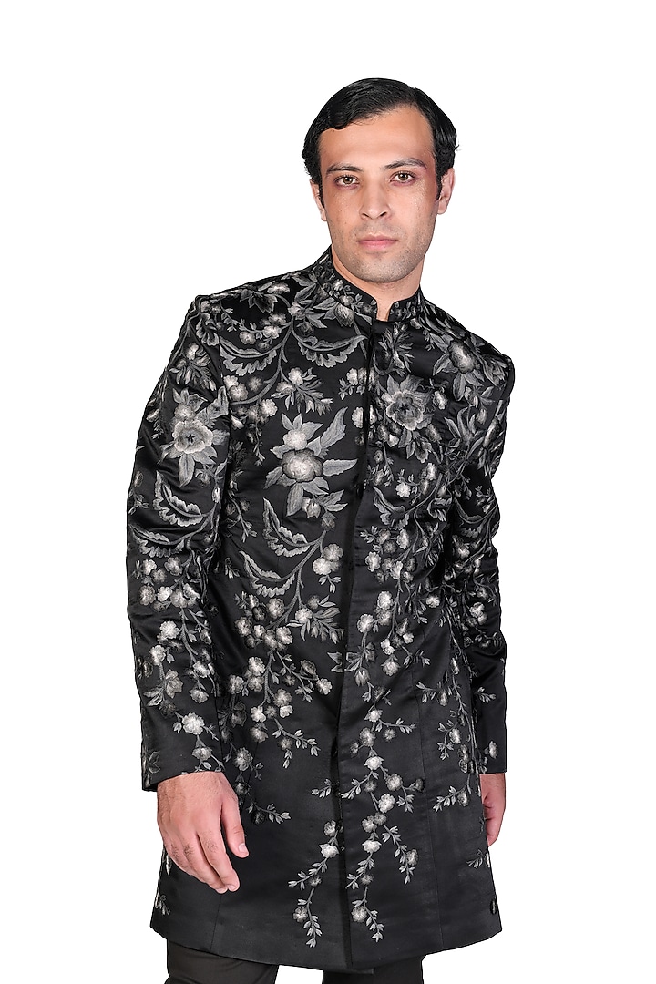Black Embroidered Bandhgala Set by Dev R Nil Men at Pernia's Pop Up Shop