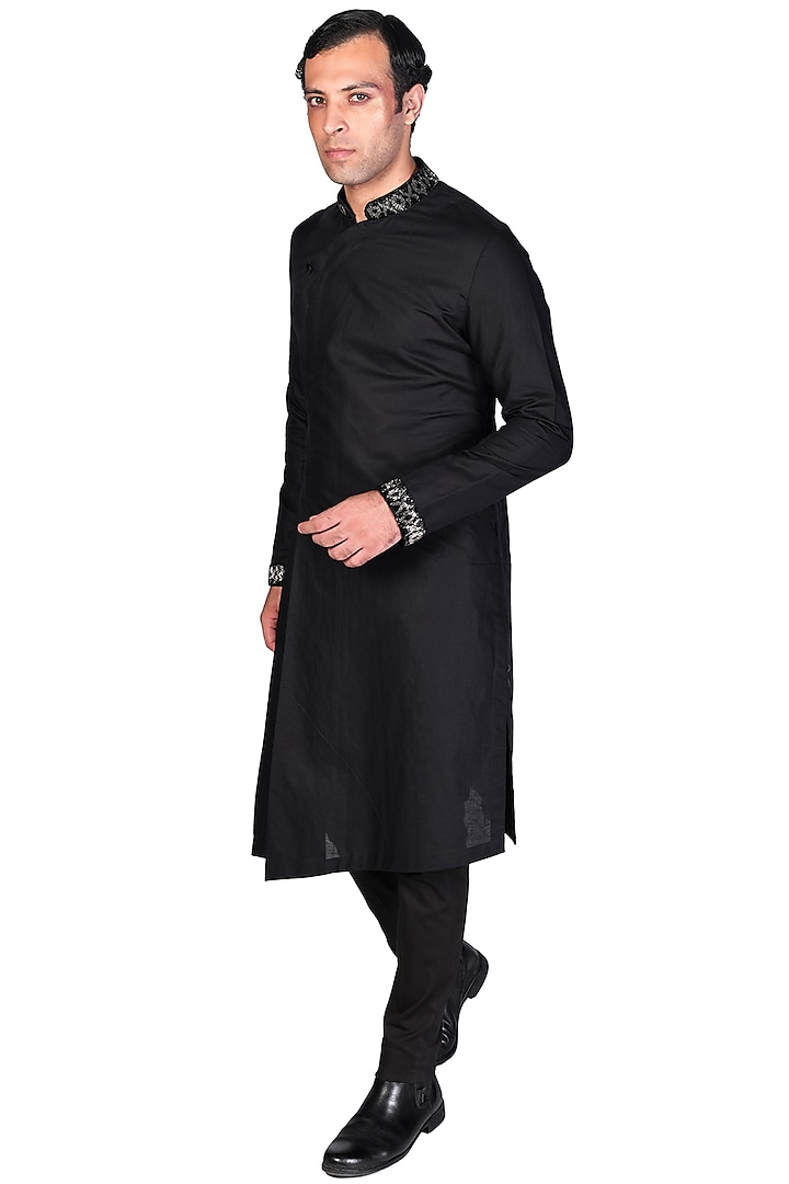 Black Embroidered Angrakha Kurta Set by Dev R Nil Men