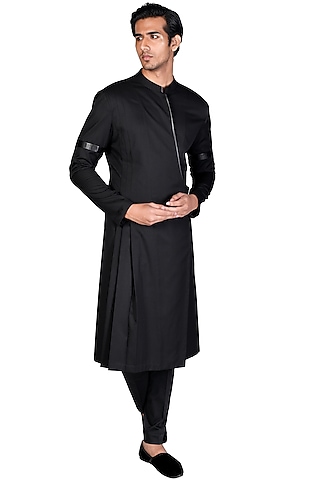 Black Angrakha Kurta Set by Dev R Nil Men