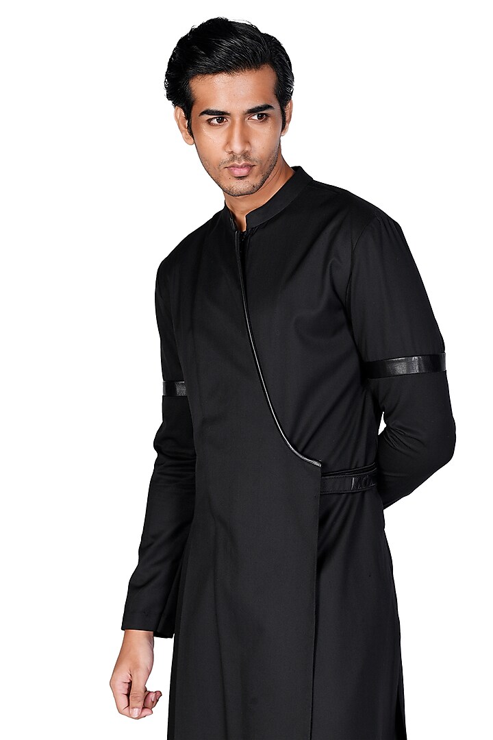 Black Angrakha Kurta Set by Dev R Nil Men at Pernia's Pop Up Shop