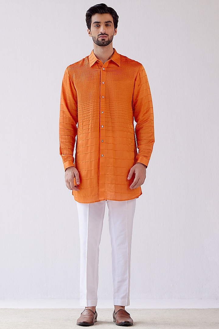 Orange Cotton Silk Kurta Set by Devnaagri Men