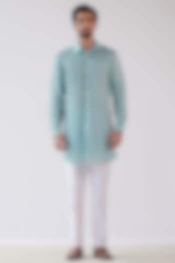 Aqua Blue Cotton Silk Kurta Set by Devnaagri Men at Pernia's Pop Up Shop