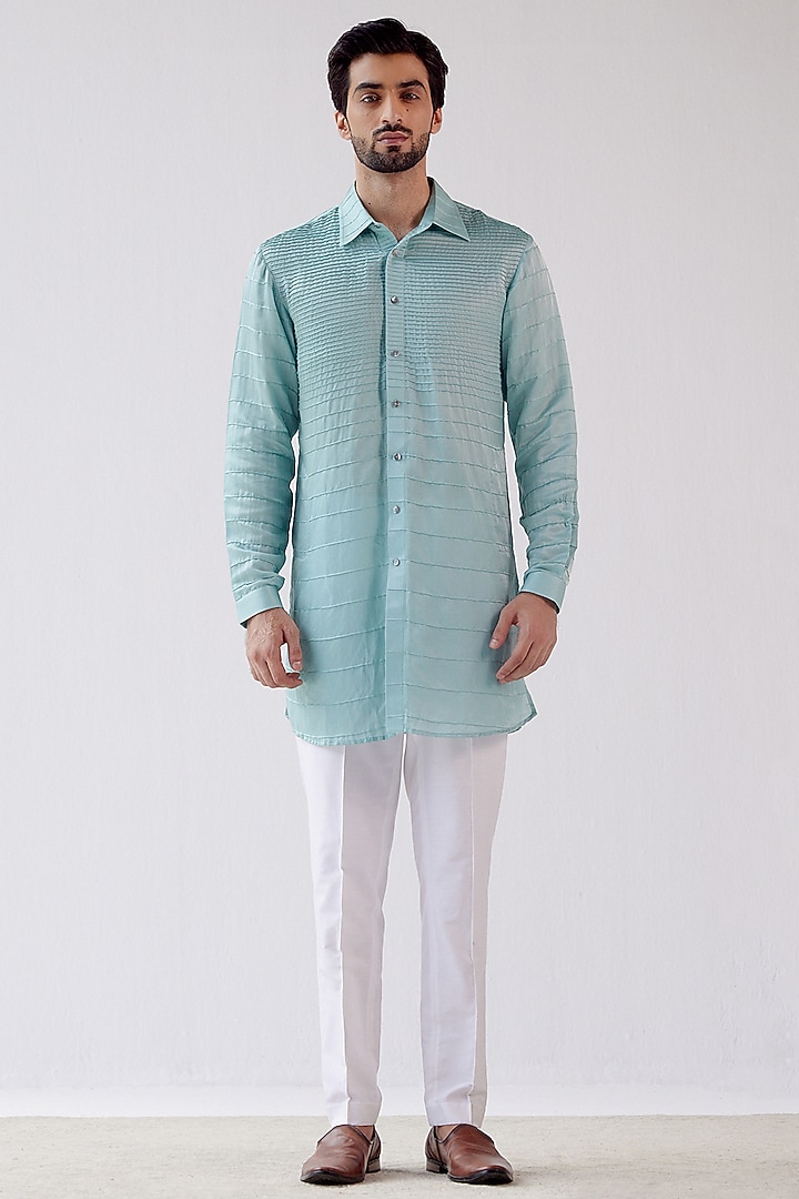 Aqua Blue Cotton Silk Kurta Set by Devnaagri Men at Pernia's Pop Up Shop