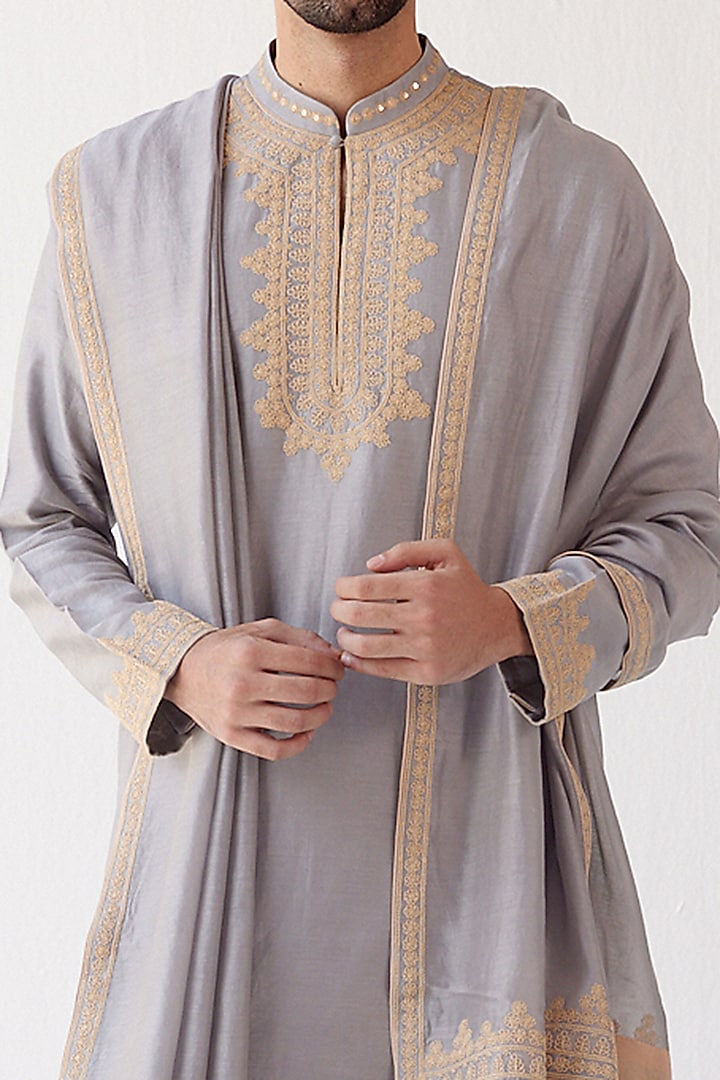 Grey Chanderi Embroidered Stole by Devnaagri Men at Pernia's Pop Up Shop