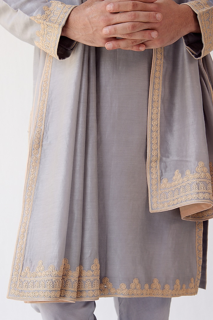 Grey Chanderi Embroidered Stole by Devnaagri Men at Pernia's Pop Up Shop