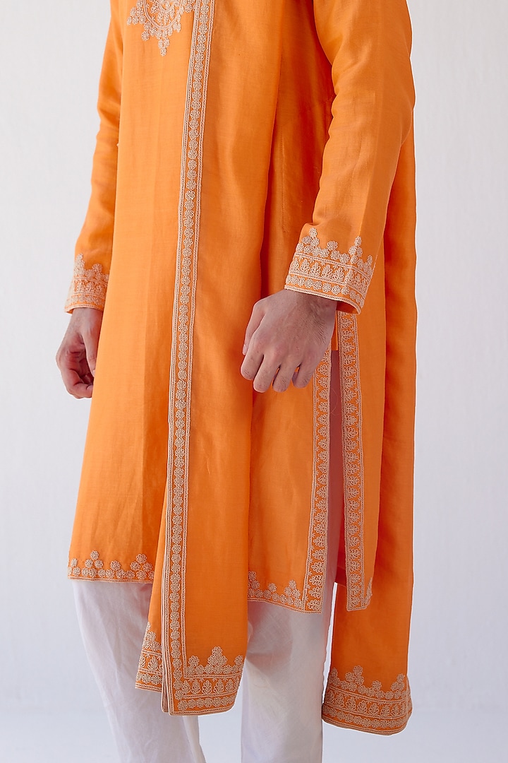 Orange Chanderi Embroidered Stole by Devnaagri Men at Pernia's Pop Up Shop