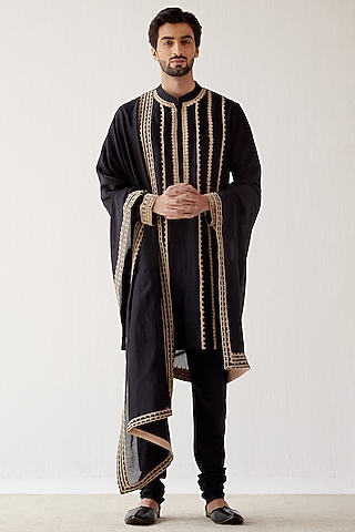 Black Chanderi Embroidered Stole by Devnaagri Men