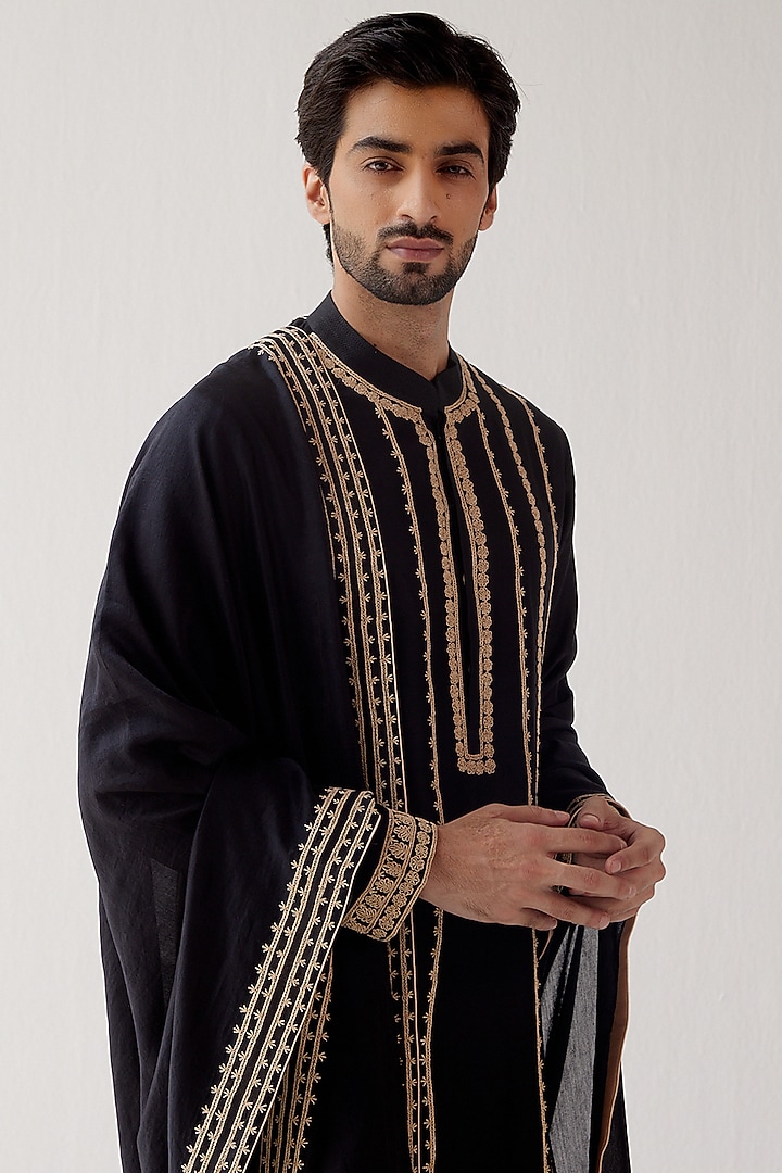 Black Chanderi Embroidered Stole by Devnaagri Men at Pernia's Pop Up Shop