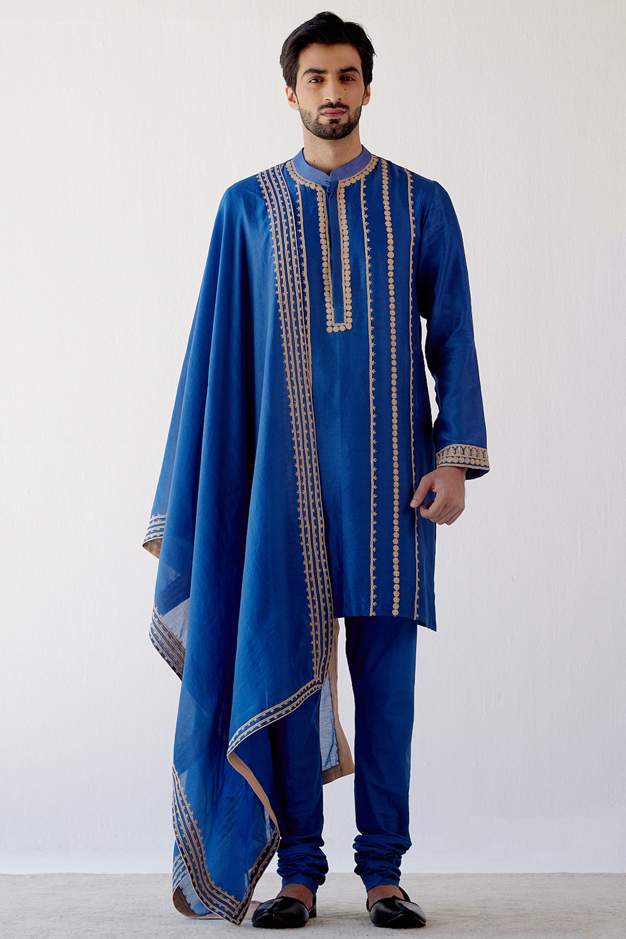 Blue Chanderi Embroidered Stole by Devnaagri Men at Pernia's Pop Up Shop