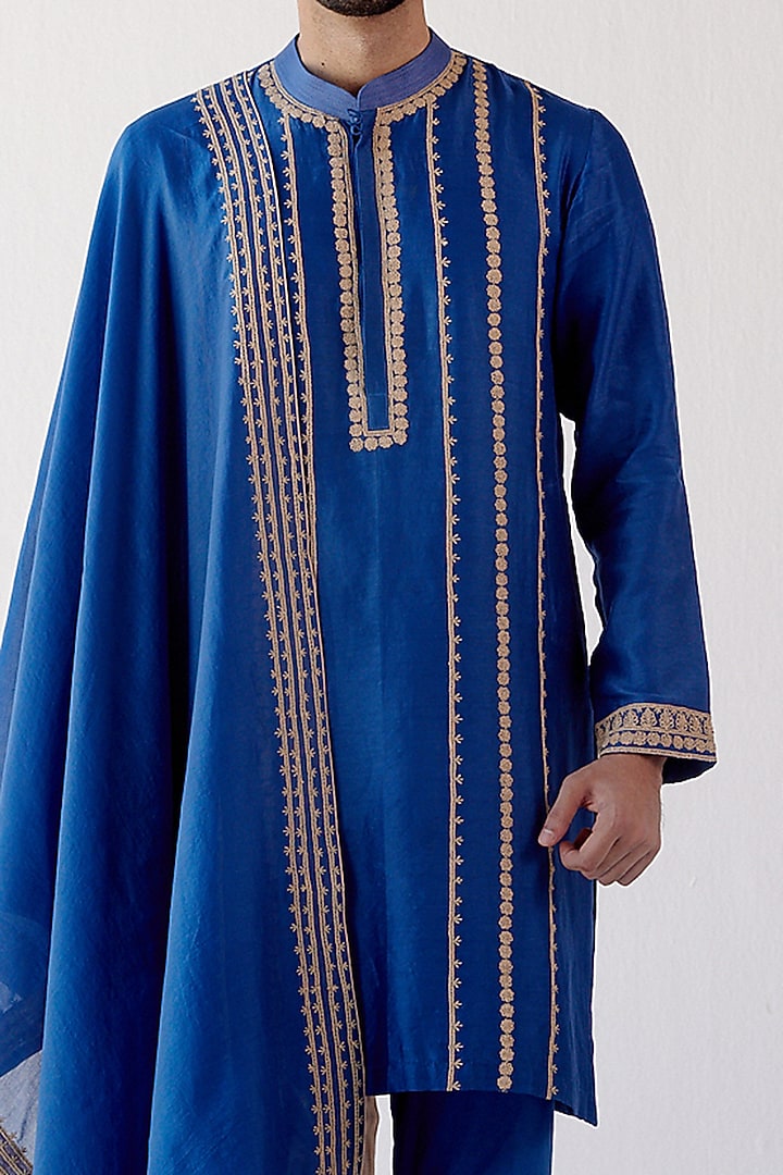 Blue Chanderi Embroidered Stole by Devnaagri Men at Pernia's Pop Up Shop