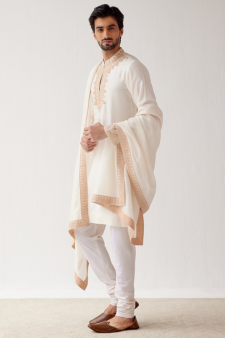 Ivory Chanderi Embroidered Stole by Devnaagri Men