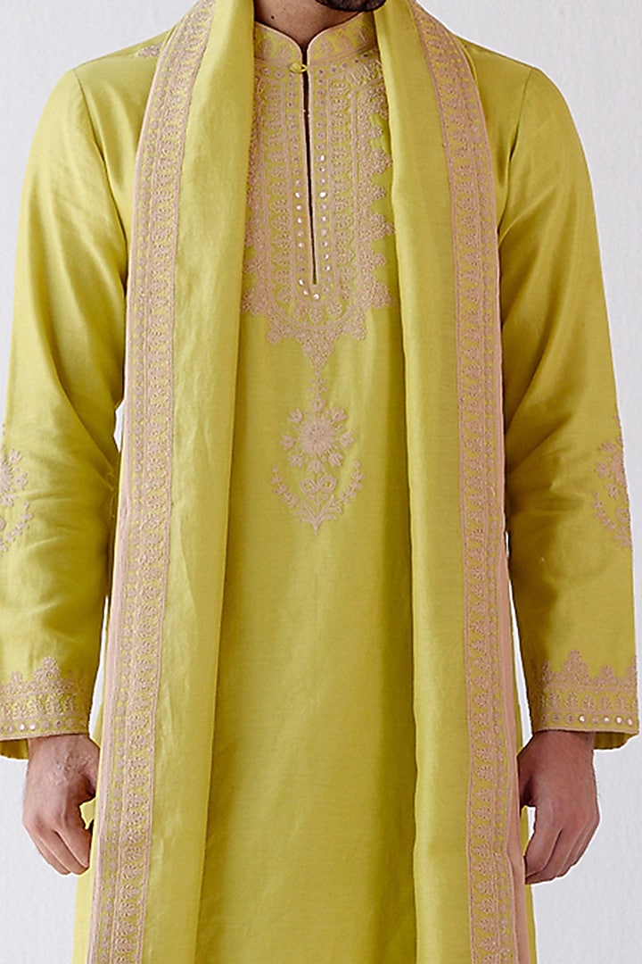 Lime Green Chanderi Embroidered Stole by Devnaagri Men at Pernia's Pop Up Shop